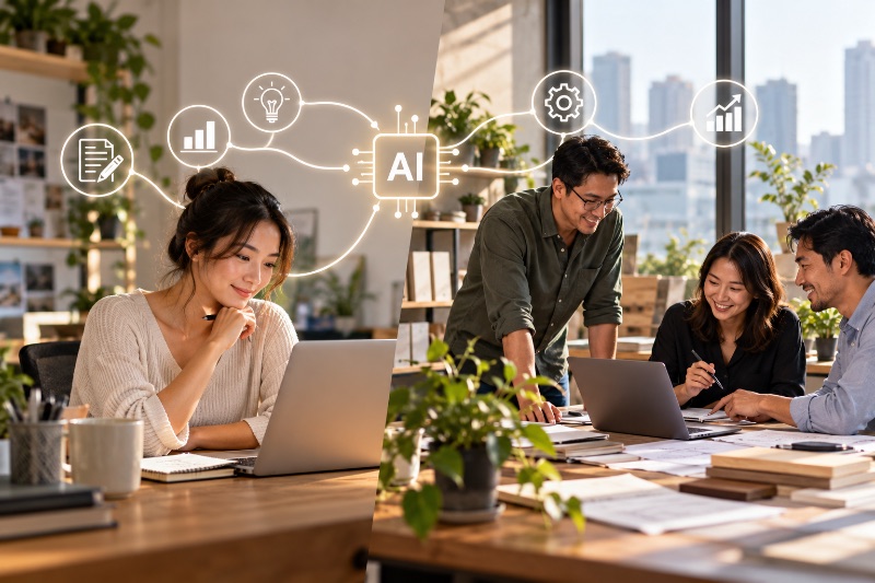 An illustration of a woman working independently and three SME professionals collaborating, with AI icons representing technology, productivity and teamwork.