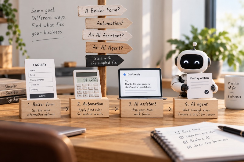 A wooden desk displaying four business solutions: an enquiry form, pricing calculator, AI assistant and robot agent, illustrating ways to improve workflows.