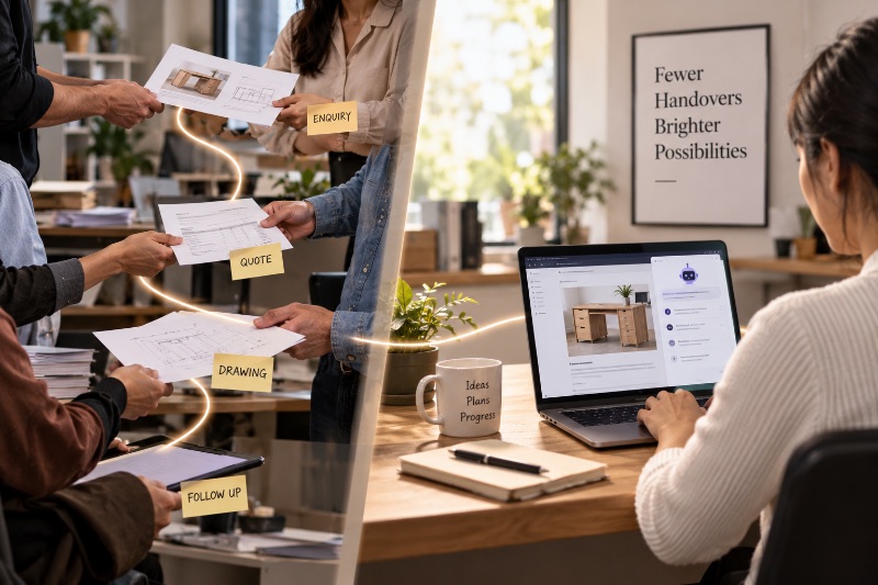 A split-screen office scene showing multiple people passing documents on one side and a streamlined AI-assisted workflow on the other.