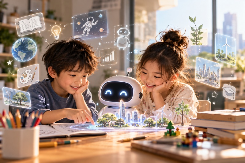 Two children exploring a futuristic city with a friendly AI robot, surrounded by holograms representing creativity, learning, science and technology.